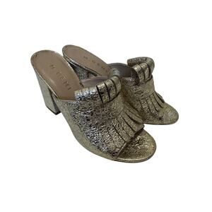 M Gemi Gold leather Fringe Mule Heels Womens 6 Luxury Peep Toe Classic